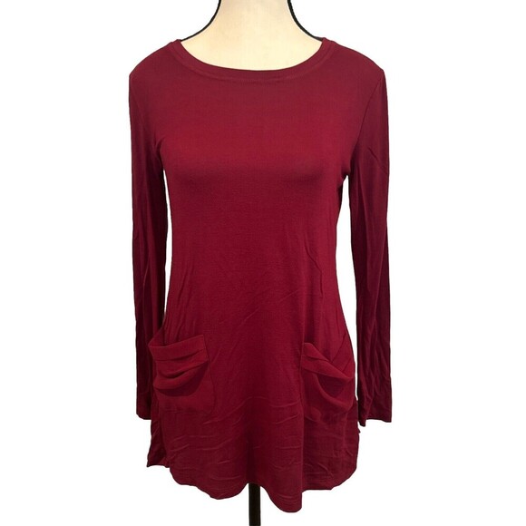 LOGO Lori Goldstein Long Sleeve Tunic Top Red Chiffon Pockets Back Drape Sz XS - Picture 1 of 10